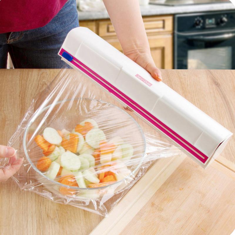 Plastic Food Wrap Dispenser With Slide CutterAdjustable Cling Film Cutter Preservation Foil Storage With SuctionBottom Supplies