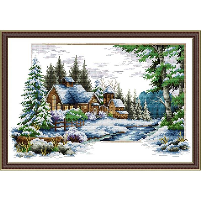 Kit de broderie DMC en toile, couture chinoise, bricolage fait à la main, 14ct 11ct, vue chalet, printemps été automne et hiver