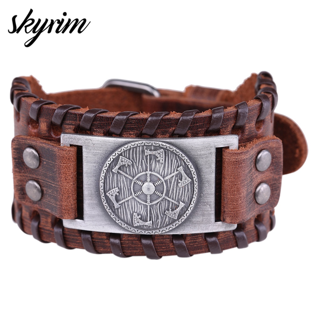 Skyrim – bracelet en cuir large avec pendentif de hache Viking, bijoux de la mythologie nordique, amulette Kolovrat esclave Wicca Pulseira