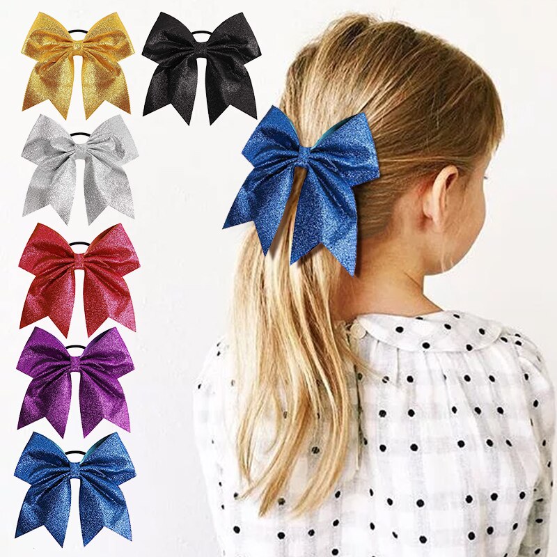 Oaoleer Solid Girls Cheer Bows Shiny Bows With Elastic Hair Ties Colorful Elastic Hair Band For Kids Girls Hair Accessories