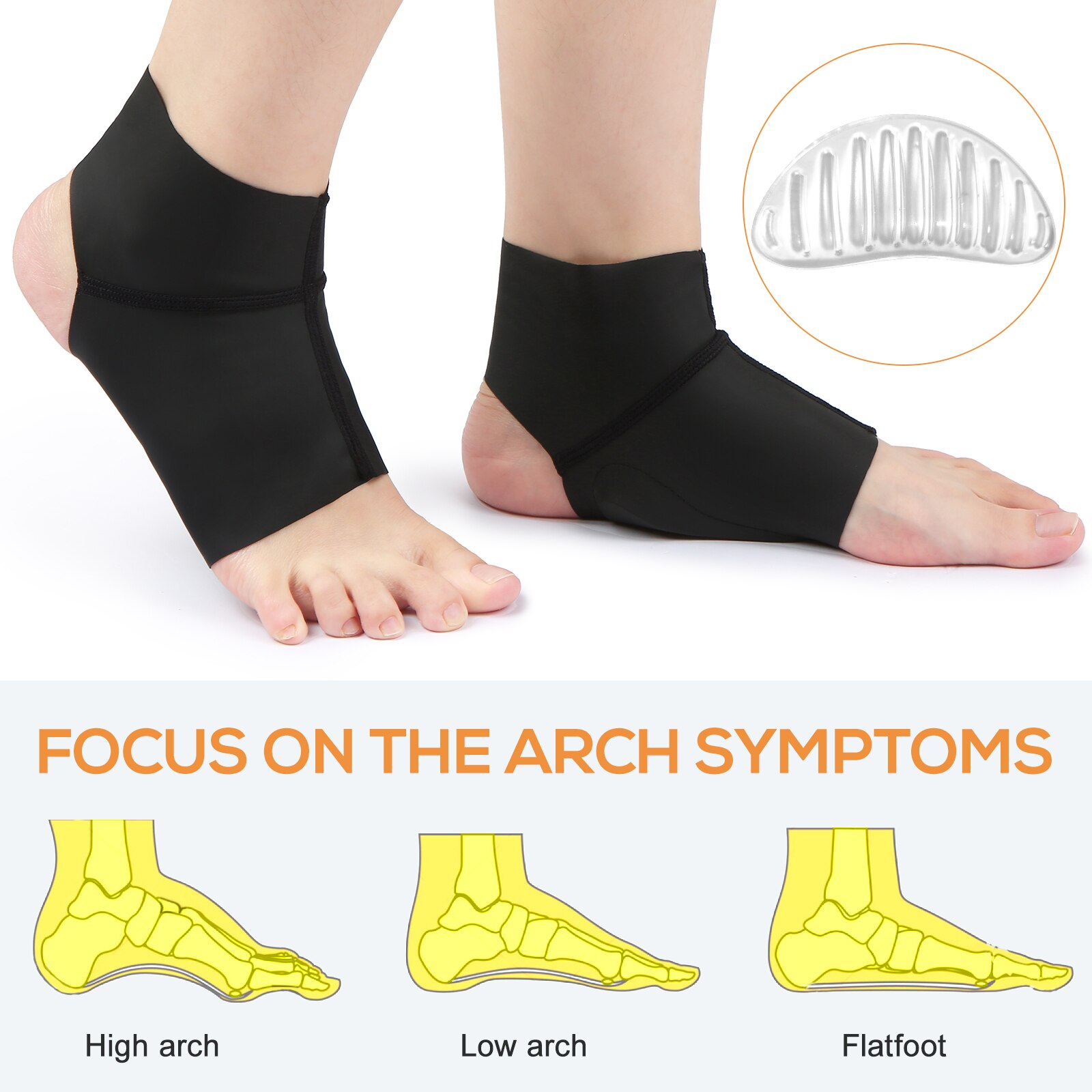 1 Pair Compression Arch Support Brace with Gel Ankle Protector Compression Flat Foot Socks Cushion for Ankle Arch Pain Relief