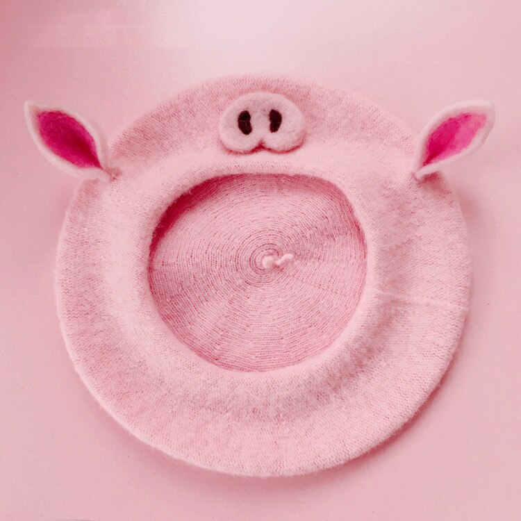 Pink piggy beret Hat girl winter Cute casual painter cap women wool warm hat: 03