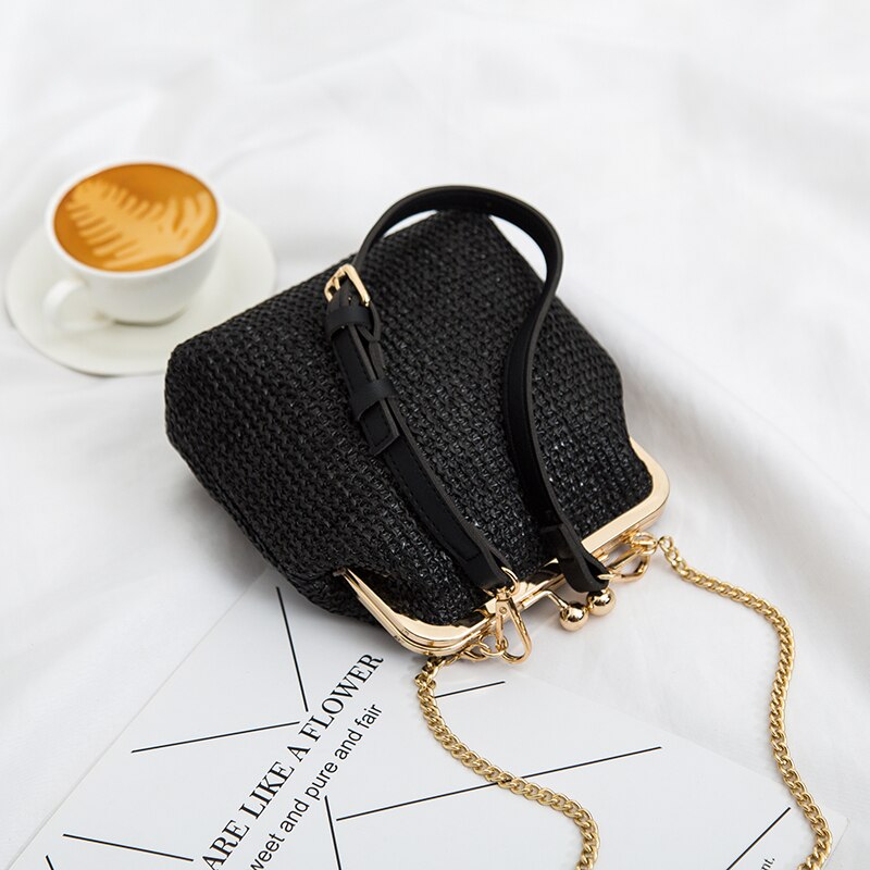 Moda concha saco de palha designer clipe de corrente feminina ombro crossbody sacos rattan bolsas femininas pequeno tecido verão praia bolsas