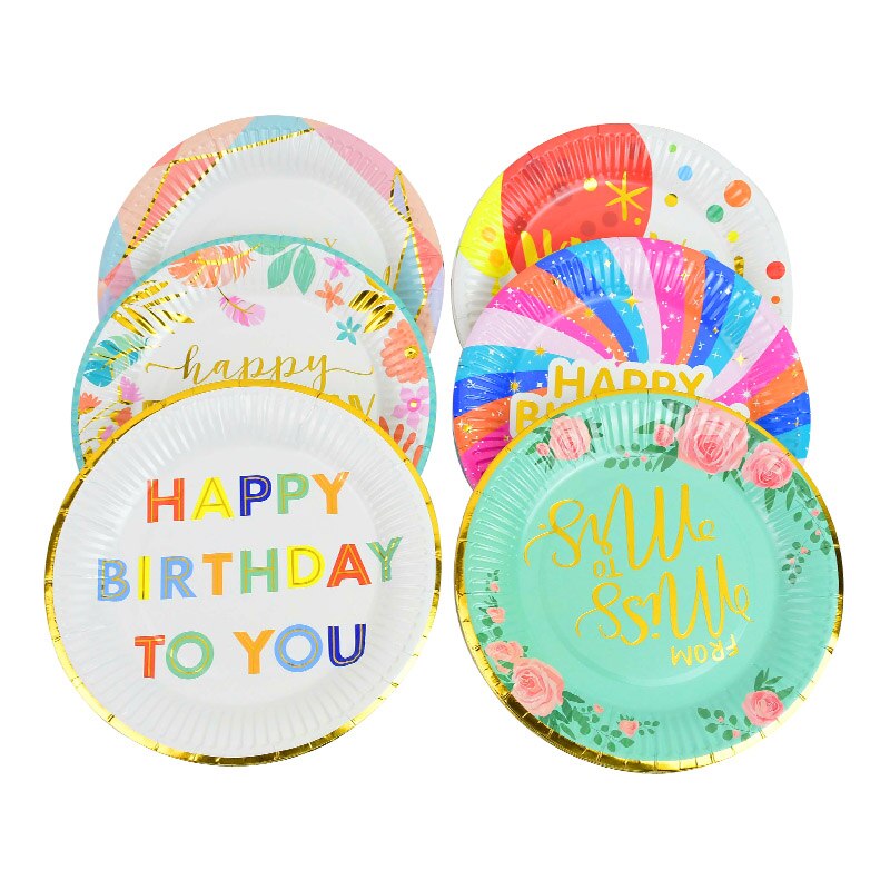 Vajilla desechable de colores, plato de papel para suministros de feliz cumpleaños de boda, bandeja para pastel de Baby Shower, plato desechable, 10 Uds.
