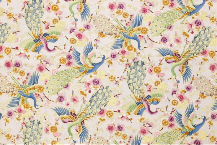 Tela de sakura de pavo real de estilo japonés, ropa de vestir artesanal, mantel, colchas hechas a mano, decoración de algodón satinado, reactivo bronce: Púrpura / 45X150CM