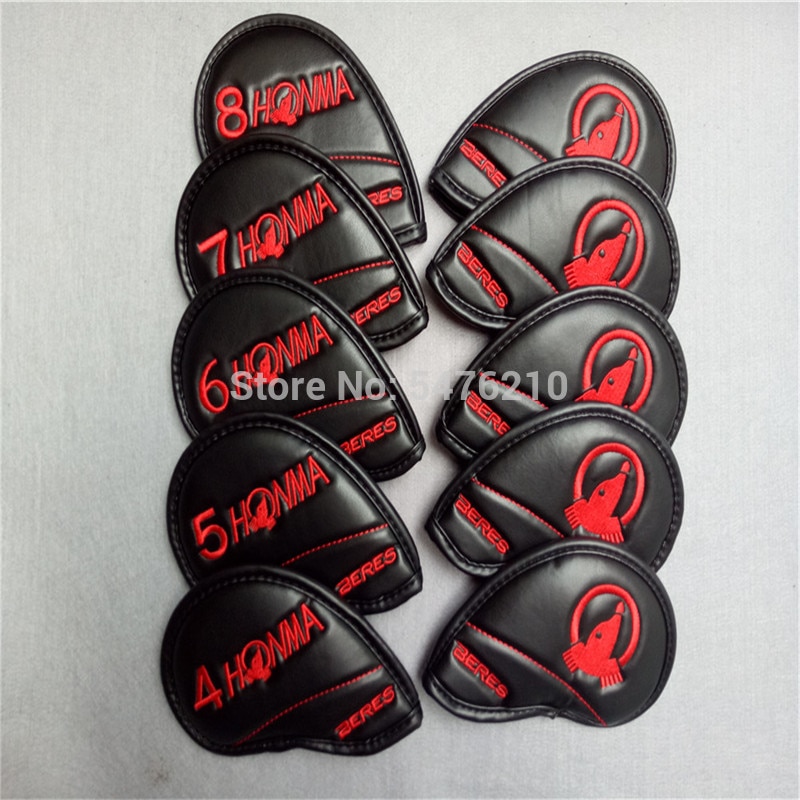 10 teile/satz Honma Golf eisen Verein headcover einstellen gehobenen PU Witz hdouble-seitige stickerei Golf stangen abdeckung 4- 11 AW SW: Schwarz  rot