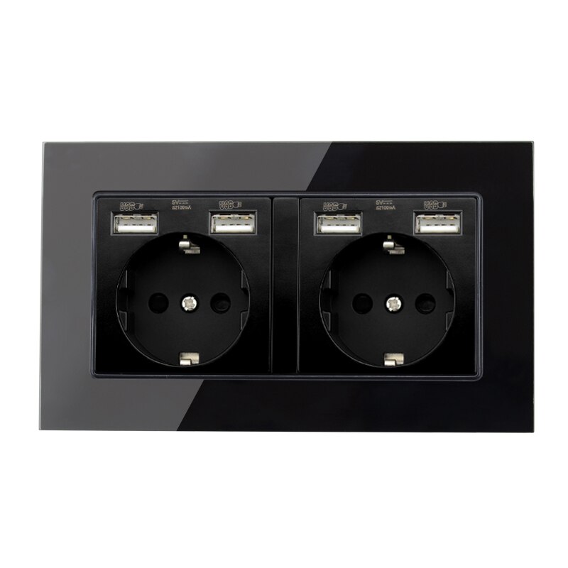 Atlectric podwójny DE gniazdo wtykowe ue z ładowanie telefonu komórkowego przez USB Port ścienne gniazdo zasilające hiszpania rosyjski czarne szkło rama 146*86mm gniazdko elektryczne,gniazdo