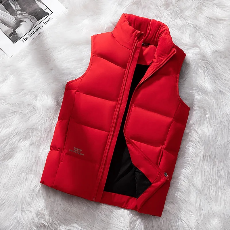Chaleco de plumón de pato blanco grueso Unisex, chaqueta roja cálida con cuello levantado, chaleco de talla grande para hombres y mujeres, ropa informal de otoño e invierno: PP / Rojo