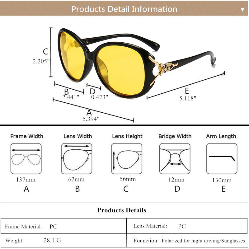 Women Polarized Night Vision Driving Glasses , Black Oval Oversize Sunglasses With Diamonds Goggles Driver Yellow UV400 N8842