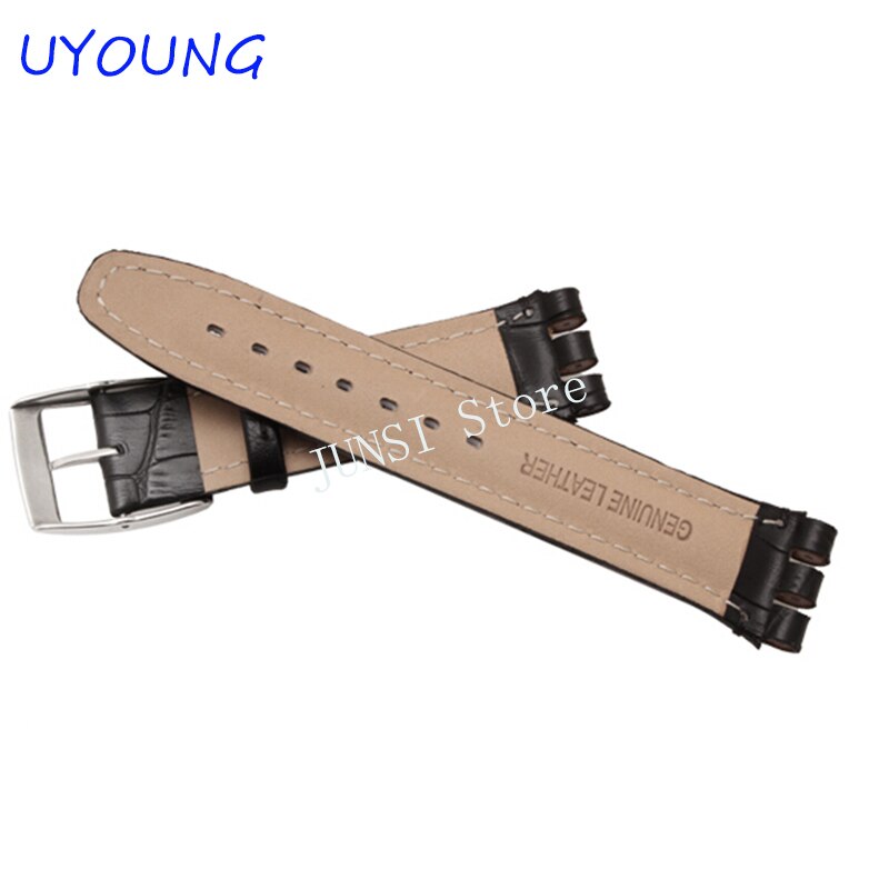 Bracelet de montre en cuir véritable étanche, noir marron, 17mm, 19mm, pour montre Swatch Alligator