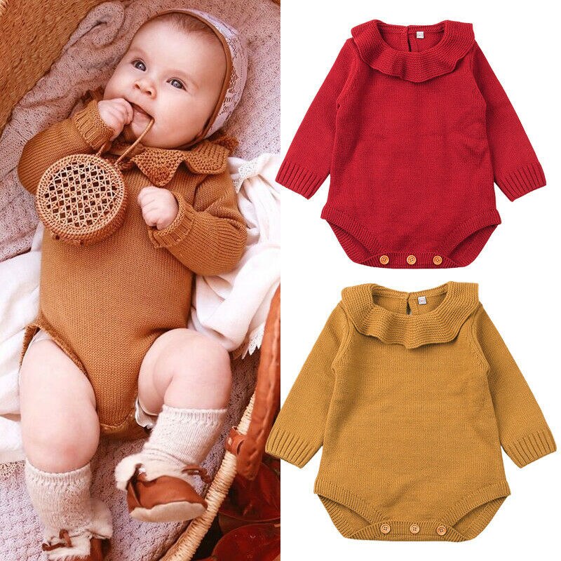 Cute Newborn Baby Girls Knit Warm Ruffles Sweater Jumpsuit Outfits Set Kids Baby Girl Winter Clothes