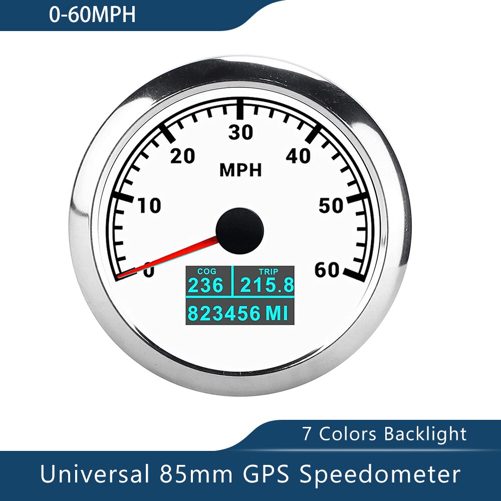 Novo velocímetro de 85mm gps 0-30/60 nós 0-60/80/120/160/200 mph 0-60/120/200km/h com luz de fundo de 7 cores para a motocicleta do barco do carro: 60MWS