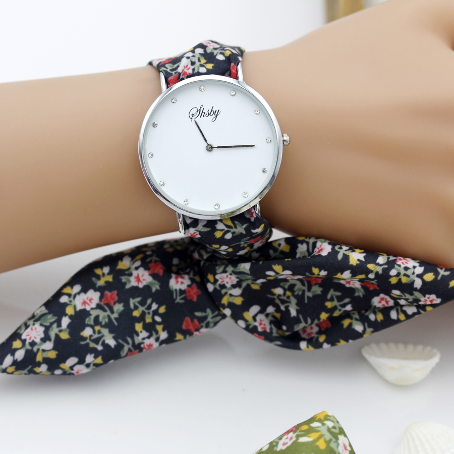 Shsby märke dam blomma tyg armbandsur strass silver kvinnor klänning klocka tyg klocka söt flicka armband klocka