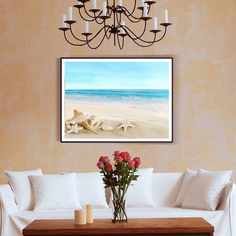 Azqsd diy maleri af tal landskab håndmalet akrylmaling billeder af numre strandindretning til hjemmet 50 x 40cm