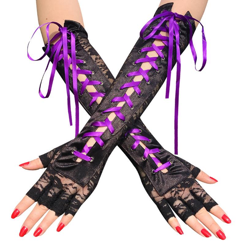 Kanten Handschoenen Sexy Kant Lange Handschoenen Winter Elleboog Lengte Half-Vinger Handschoenen Lint Vingerloze Visnet Mesh Ceremoniële Party Handschoenen: Rood