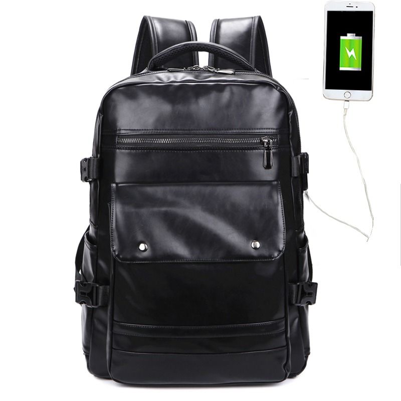 Mochila suave de PU para hombre material Retro británico de Casual estilo universitario de multifuncional de gran capacidad: Black USB