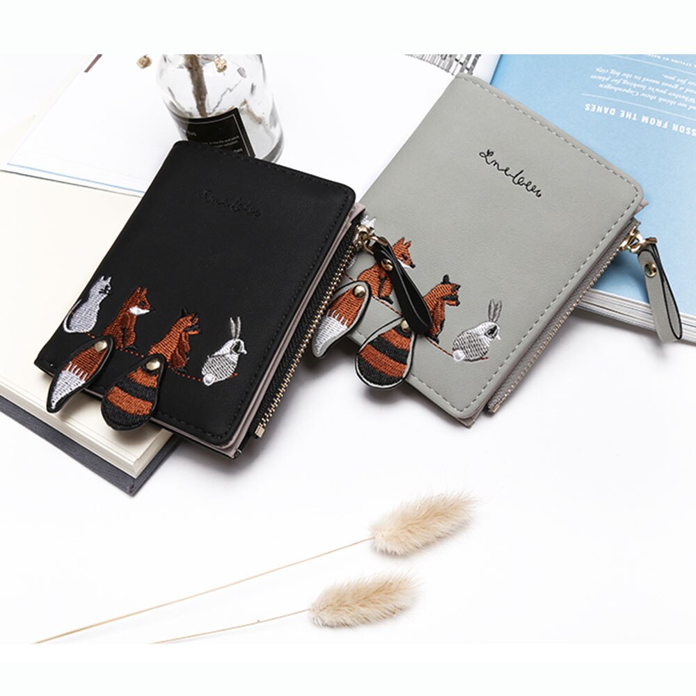 Damesportemonnee met schattige cartoondieren, kort leren damesportemonnee met rits, kaarthouder voor meisjes