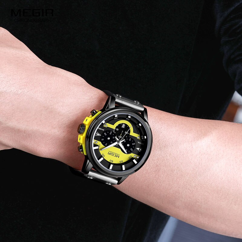 MEGIR 24 Stunden Chronograph Quarz Uhren Wasserdicht Casual Leder Armbanduhr für Mann Leuchtende Hände Sport Uhr 2080 Gelb