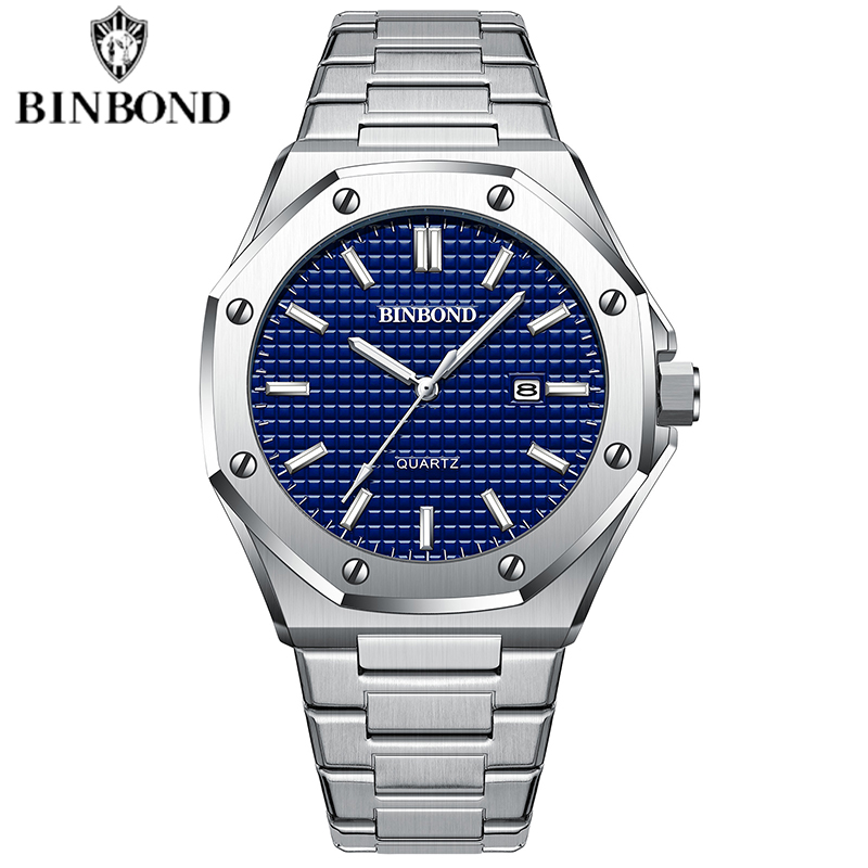 BINBOND montre pour hommes Top Royal décontracté hommes grand cadran argent acier inoxydable calendrier Quartz montre-bracelet classique lumineux B0233: Bronze