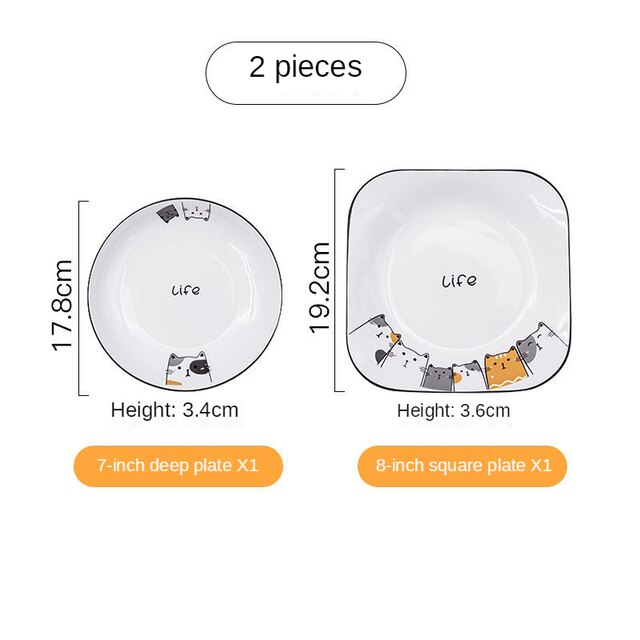 Cute Ceramic Plate Household Plate Cat Tableware Cartoon Plates Breakfast Tray Cake Plate on Plate Utensils KEDICAT: Cat plate set c
