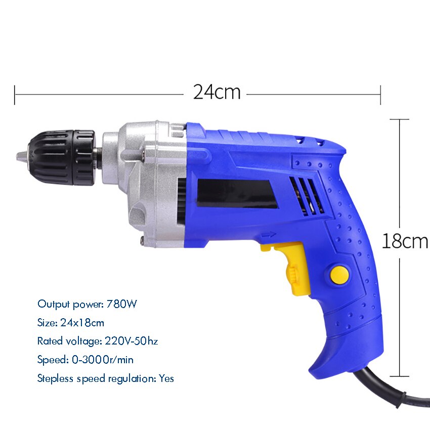 Perceuse électrique portative à ca 220V 50hz 780W avec mandrin autobloquant de 360 degrés, perceuse puissante à gâchette à vitesse Variable, prise à 2 broches