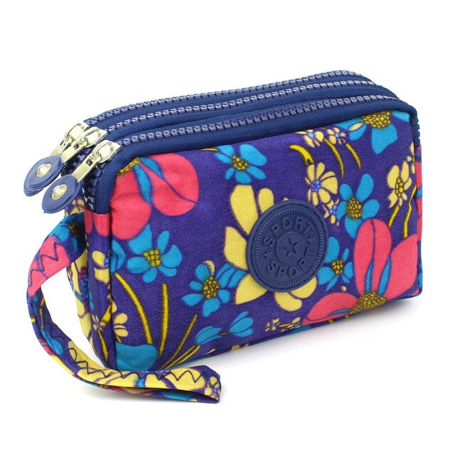 Cartera de tela de lona con 3 cremalleras para mujer, monedero de flores, bolso de mano, billetera para niña: 5