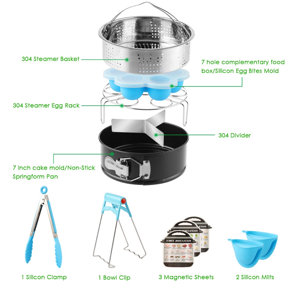 Accesorios para olla instantánea, cesta de vapor, rejilla para vaporizador de huevos, sartén para tarta de queso, Clip para platos, accesorios para olla a presión, 9 Uds.