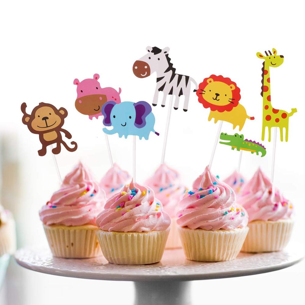 Animal cake top hat, 1 zoo animal happy birthday banner, 35 animal cake top hats for children's birthday party decoration, jungl