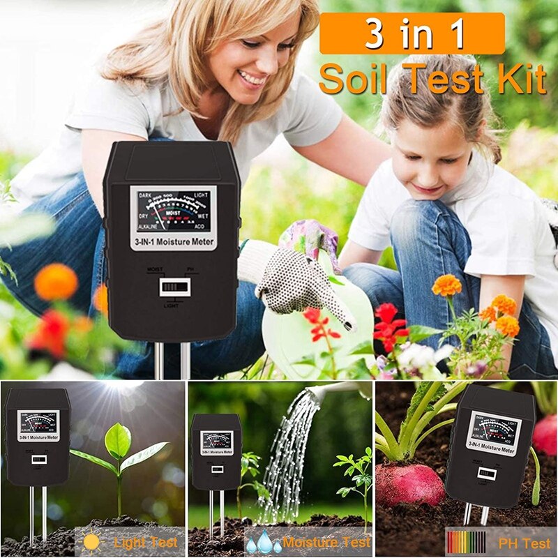 Soil PH Meter,Large Screen Soil Moisture/Sunlight/PH Tester Backyard Soil Test Kit, Reliable Gardening Soil Tool