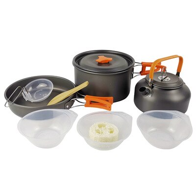 Falten Aluminium draussen Camping Kochgeschirr einstellen Tragbare Cookset Leichte Picknick Wasser Wasserkocher Topf Pfanne Schüssel Löffel Bausatz Mit Gittergewebe: Orange mit Utensilien