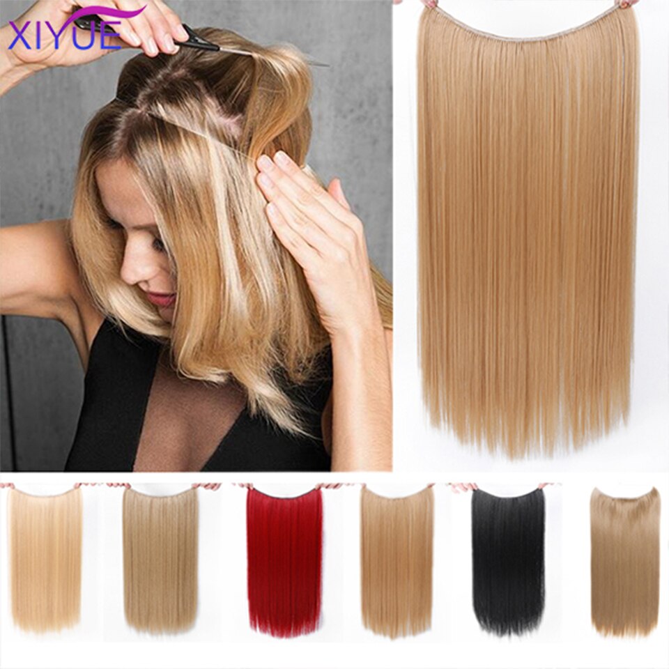 Lang krøllet/lige 24 tommer kvinder fish line hair extensions brun naturlig bølget lang høj temperatur fiber syntetisk hårstykke