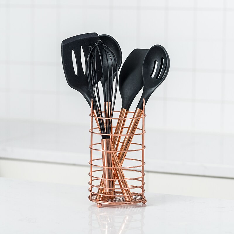 Silicone Cooking Utensils Set Non-stick Spatula Shovel Stainless Steel Handle Cookware Tools Set With Storage Box Kitchen Tools: BLACK