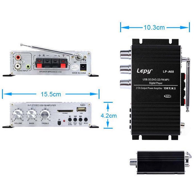 12V USB Car Amplifier LED Display With Remote Control 15WX2 RMS HI-FI Digital Power Mini Amplifier SD MMC FM