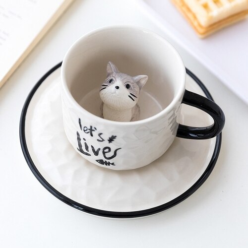 Cute Coffee Cup and Saucer European Tea Set Ceramic Cup and Saucer Set Bone China Idea Coffee Cup DD60CS: Cat D
