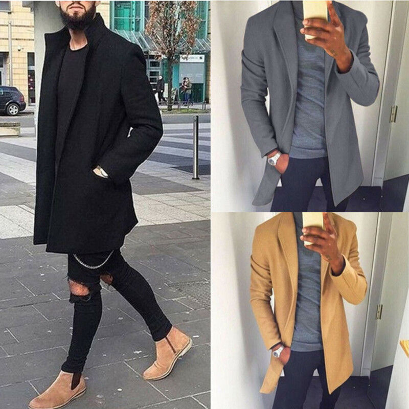 Efterår vinter mænd fritidsfrakke tyk ulden trenchcoat business mandlig solid klassisk overfrakke mellemlange jakker toppe