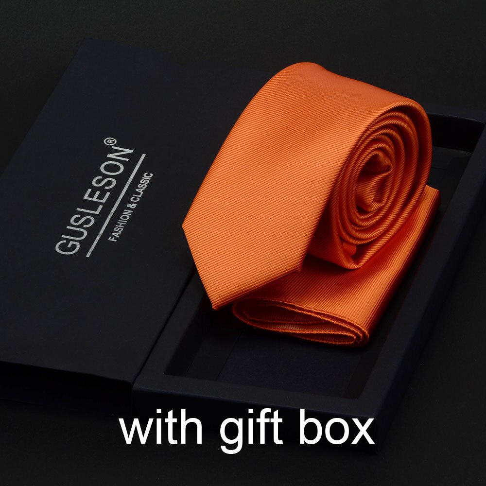 GUSLESON Slim Men Tie Pocket Square Set 6cm Skinny Necktie Red Yellow Green Ties With Box Suit Wedding Business