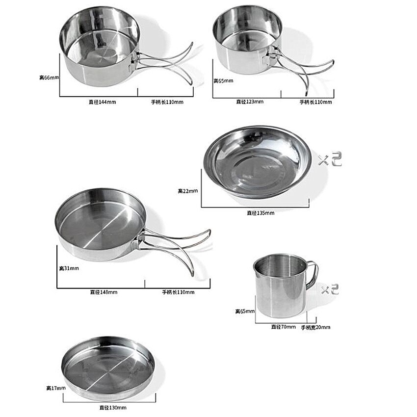 8Pcs Stainless Steel Outdoor Picnic Pot Pan Kit Plate Bowl Cup Pan Cover Cooking Set Camping Hiking Backpacking Cookware