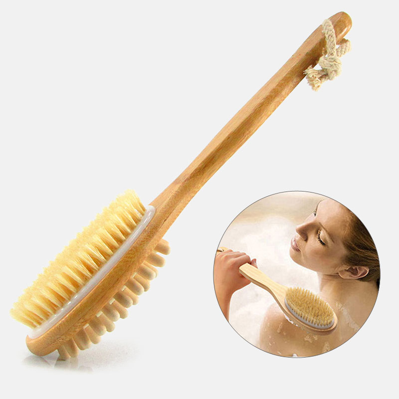 Naturligt langt træ kropsbørste massager badekar brusebad ryg spa scrubber dobbeltsidet massage badeværelse badebørste