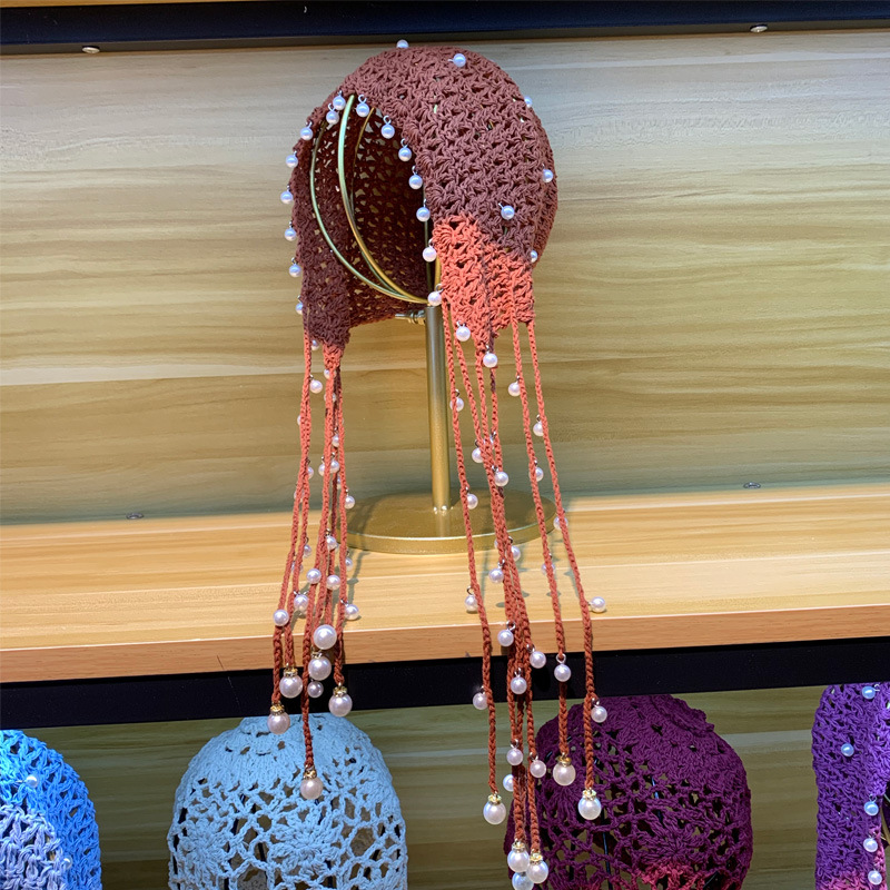 Gorro de punto de para mujer, gorro de ganchillo con perlas, Vintage, con borlas, para todas las estaciones, ZZ-386: 2 Pearl