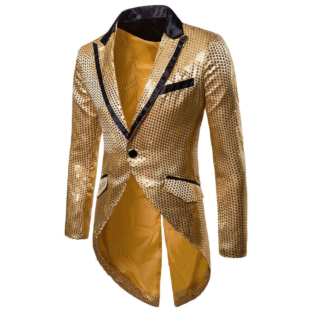 Men's Blazer Tail Sequin Casual Slim Fit Formal One Button Suit Blazer Coat turndown collar Jacket Masculino Men Blazer: Gold / M
