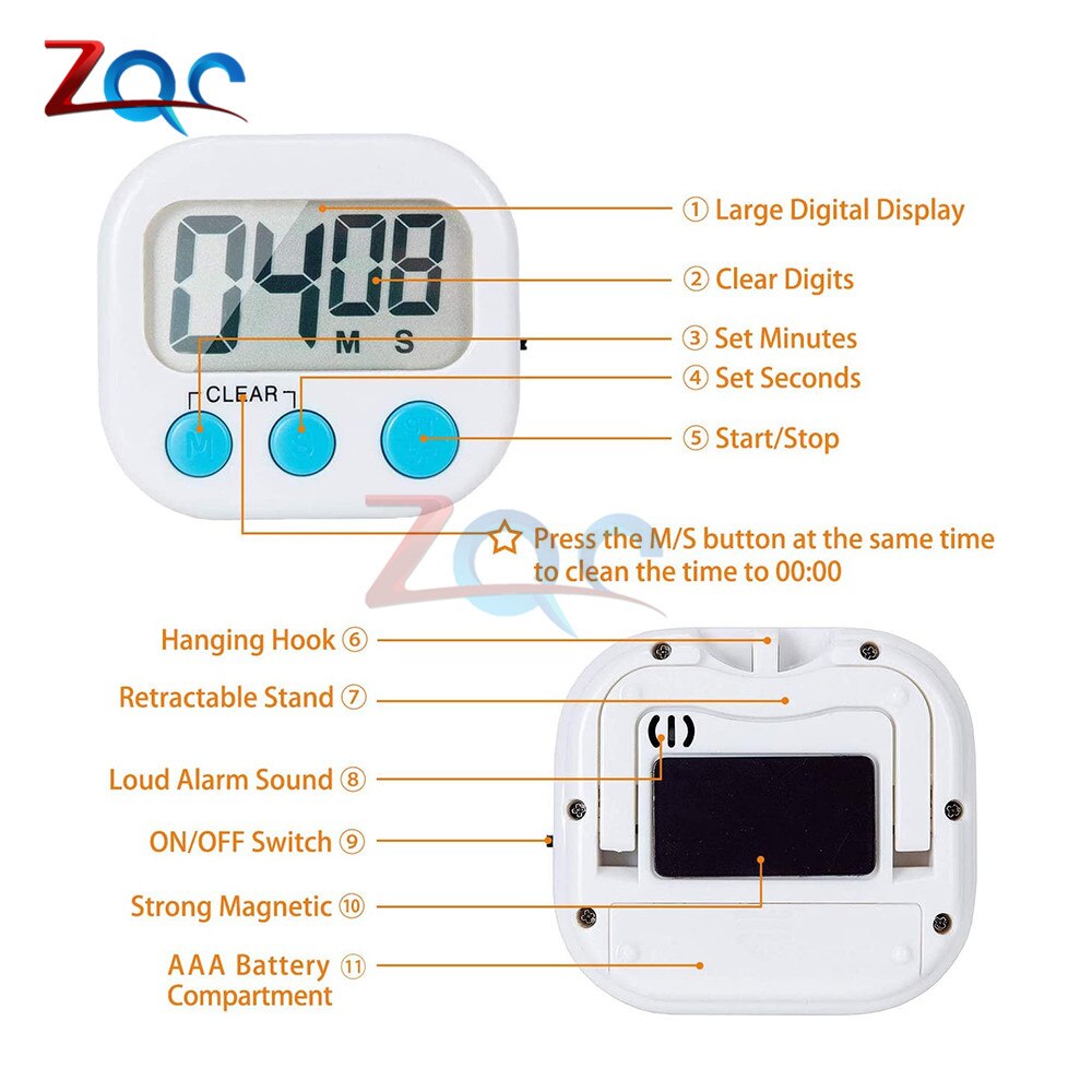LCD Digital Timers Kitchen Timer Cooking Timer Count Up Down Alarm Clock 24 Hours with Stand White Blue Green Pink