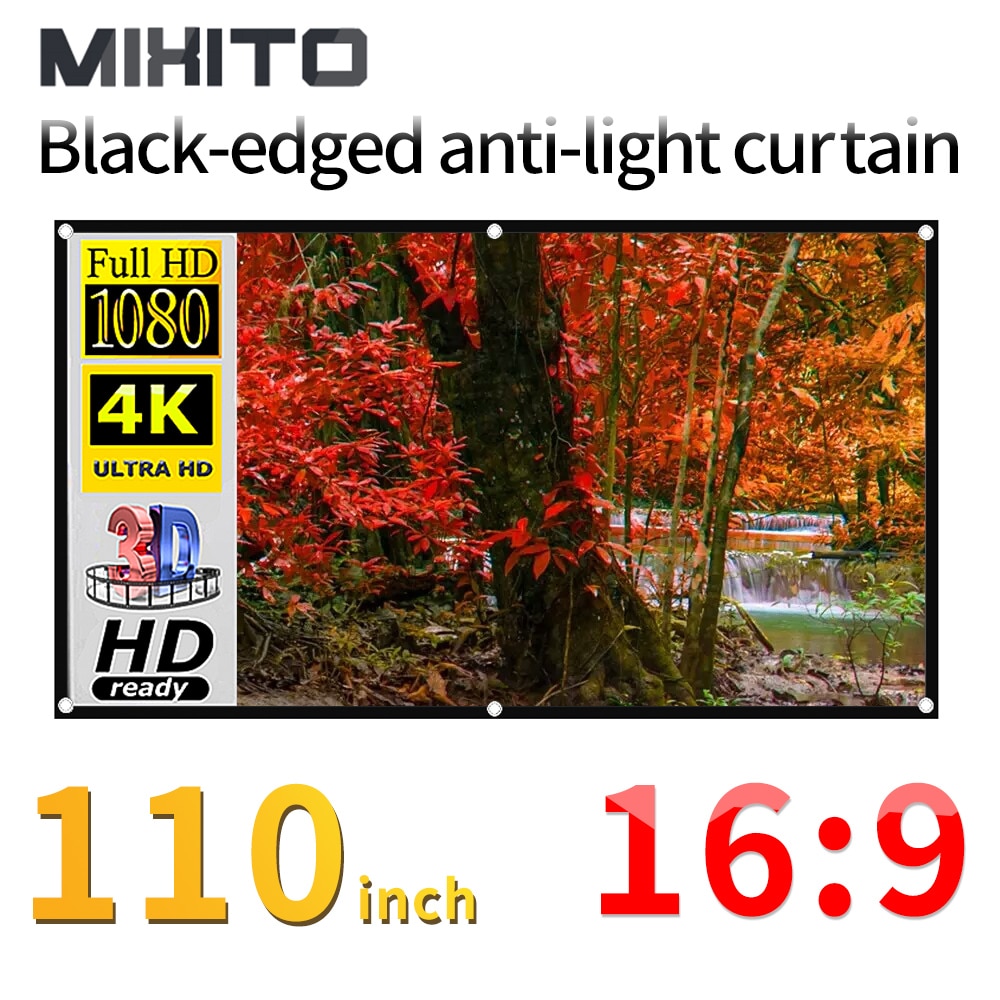 MIXITO 106/110 Inch 16:9 Projector Black Border Light-Proof Curtain High-Definition Portable Projection Screen With Hole Enhance