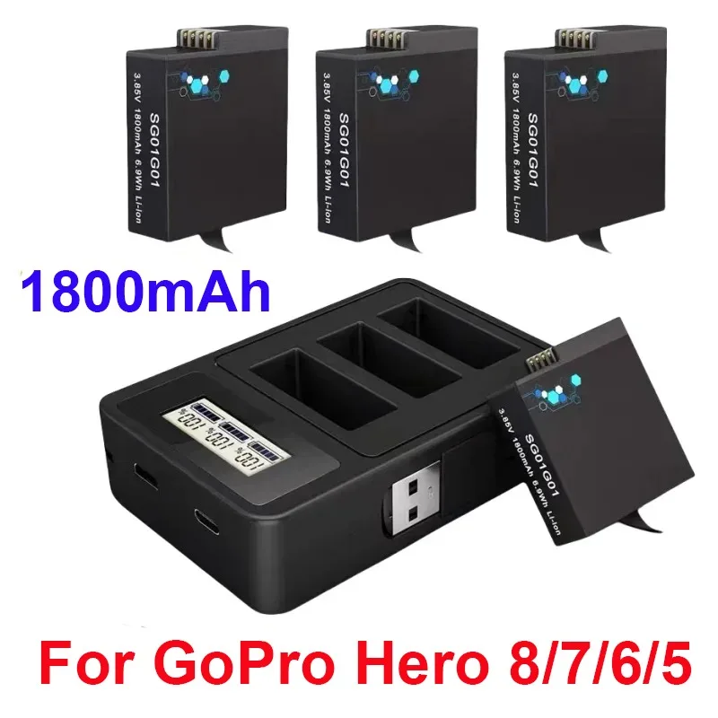 100% 1800 mah egnet for gopro hero 8/7/6/5 sportskamerabatteri + trekanals digital gopro-lader