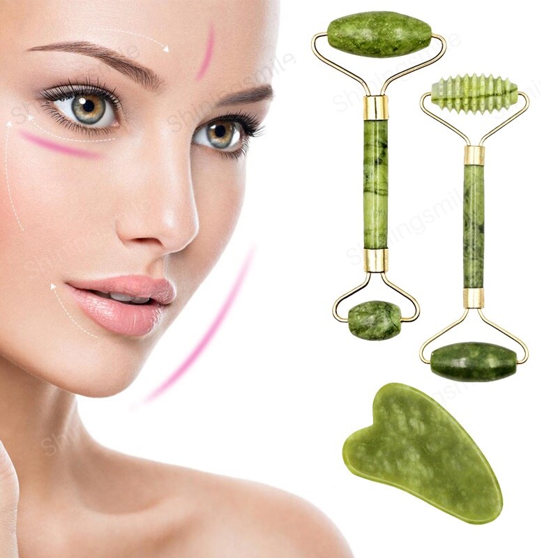 2 stk ansigtsmassager rulle naturlig jade sten guasha board skraber sæt ansigtsløftning hud afslapning slankende skønhed hals tyndt værktøj