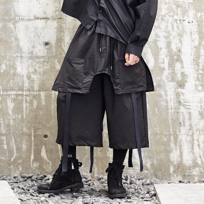Mænd japan stil streetwear kimono nederdel bukser mandlige løse afslappede brede ben bukser punk gotisk hip hop bånd harem bukser lommer: Default Title