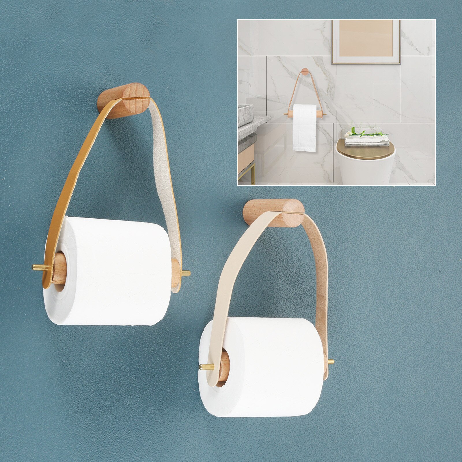 Soporte de madera + cuero/latón para papel higiénico, rollo de cuerda colgante, toallero de montaje en pared, Beige/marrón, decoración del Hogar, baño, Hotel y cocina, 1 unidad