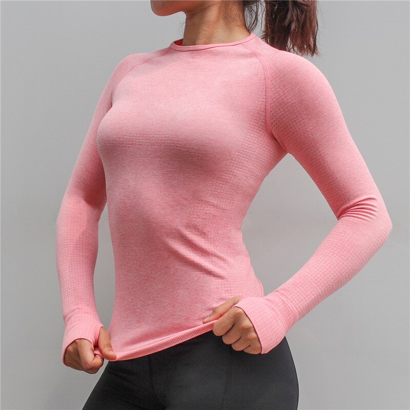Camiseta deportiva de manga larga sin costuras con agujero pulgar ropa deportiva para mujer ropa de gimnasio camisetas de entrenamiento ropa de Yoga femenina: Pink / M