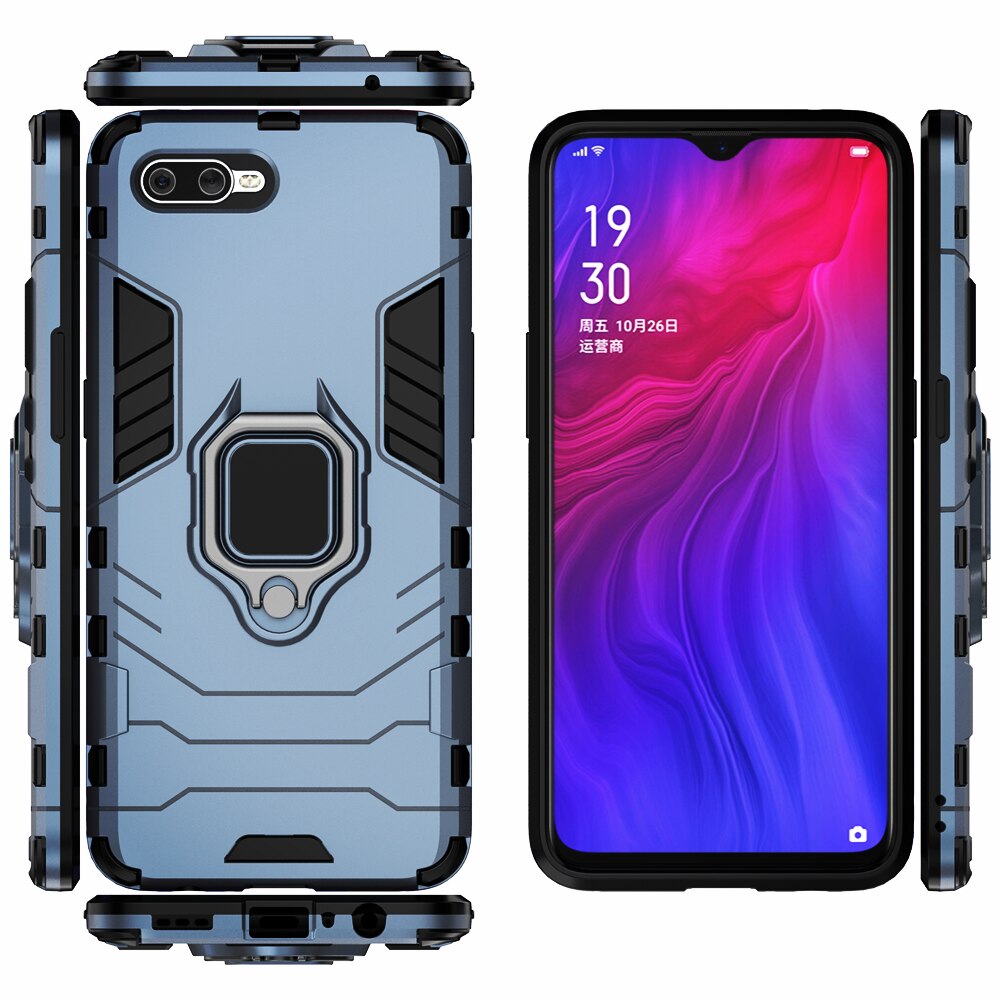 Voor Oppo Reno Een Case Shockproof Ring Stand Bumper Siliconen + Pc Telefoon Back Cover Reno Een CPH1983 Cover Voor oppo Reno Een Renoa 6.4&quot;: For OPPO Reno A / Navy Blue