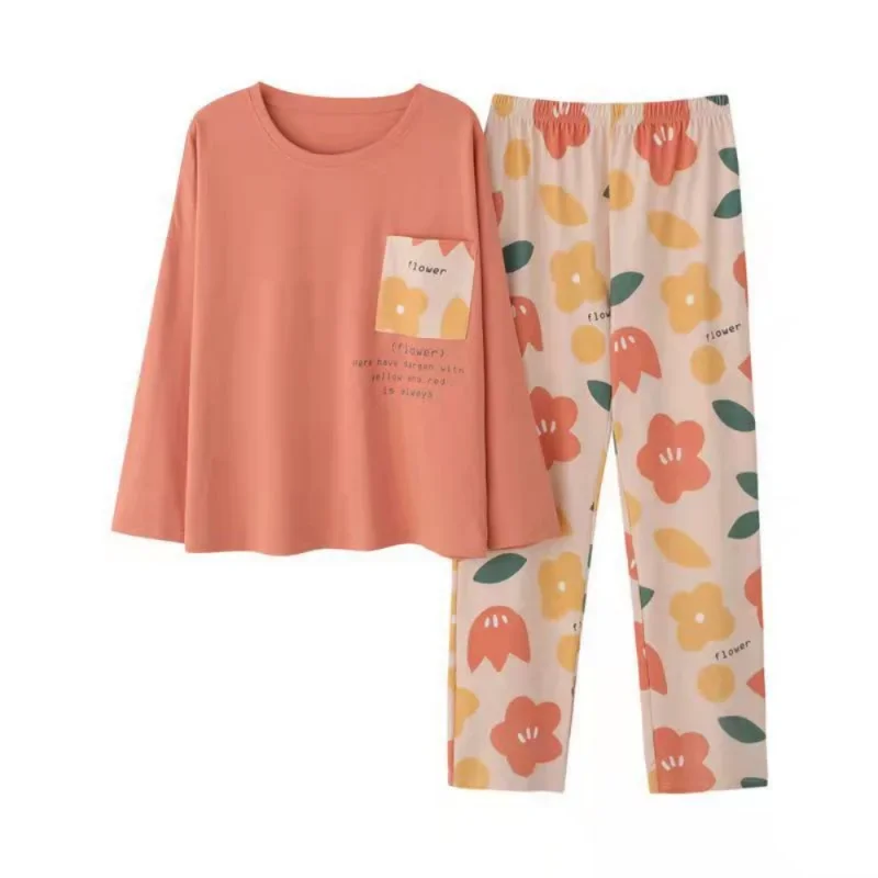 Kvinders pyjamas forår og efterår langærmet efterår og vinter hjemmetøj plus size enkelt løstsiddende jakkesæt overtøj