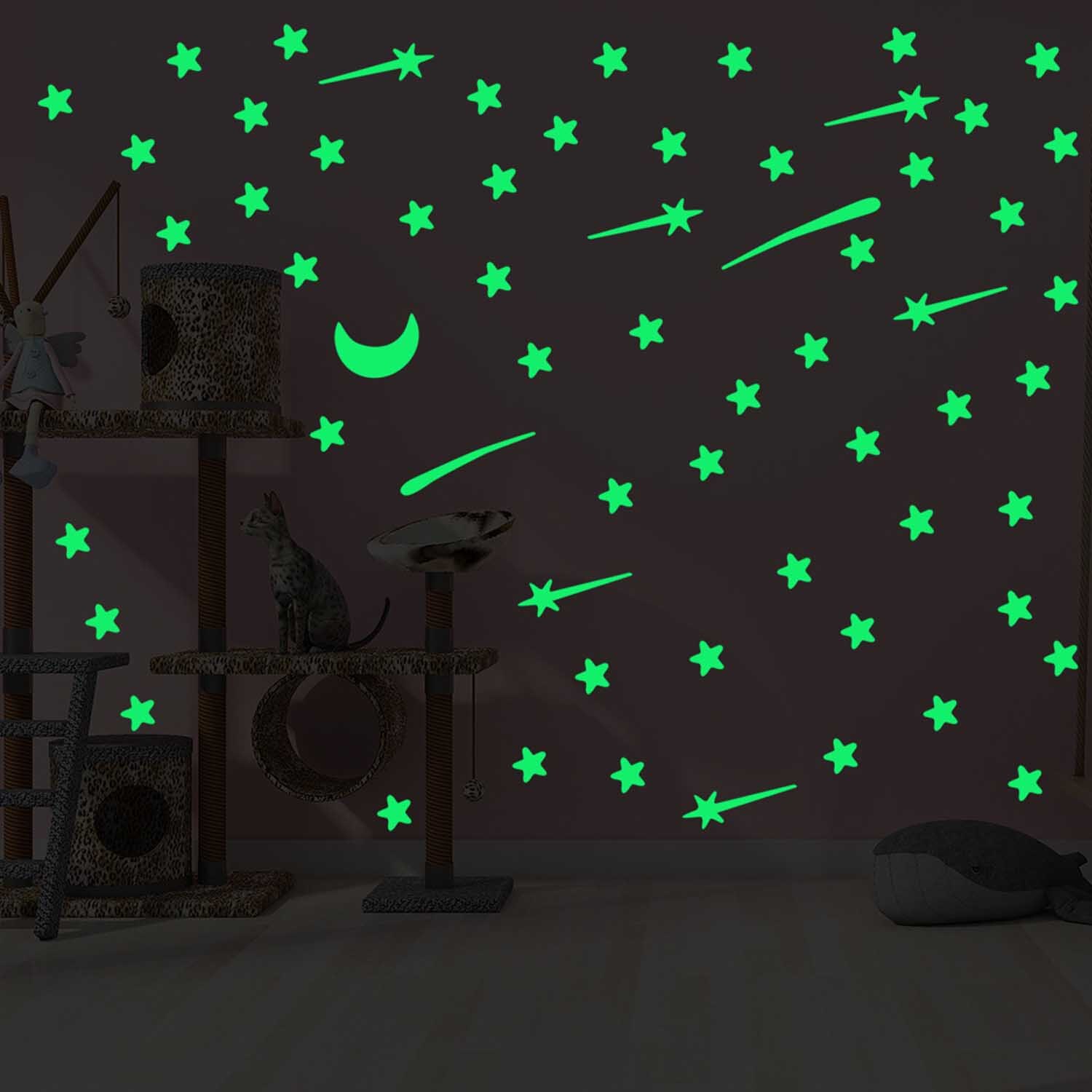 2 ark 3d glødende væg klistermærker i mørket meteor stjerner måner mærkater lysende loftdekorer til børn børn dreng pige værelse
